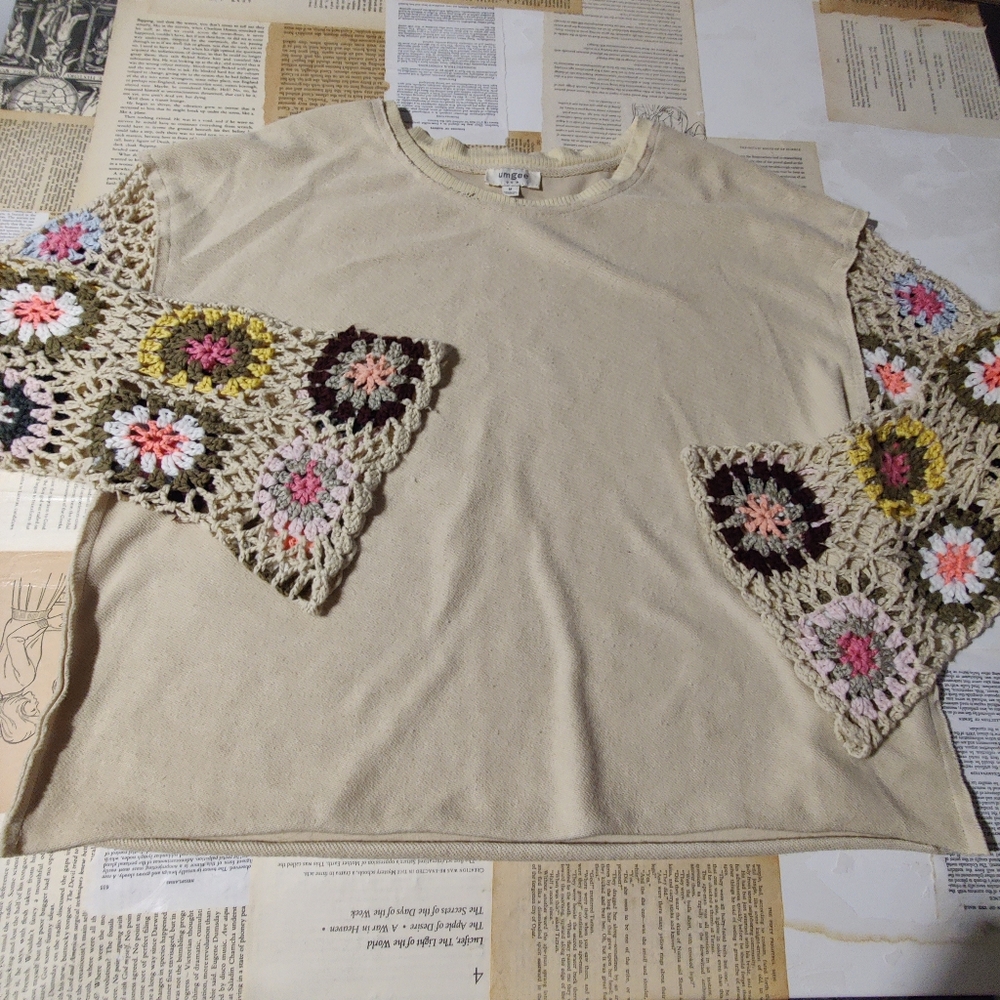 Umgee Beige Crew Neck Sweater with Crotched Granny Square Sleeves